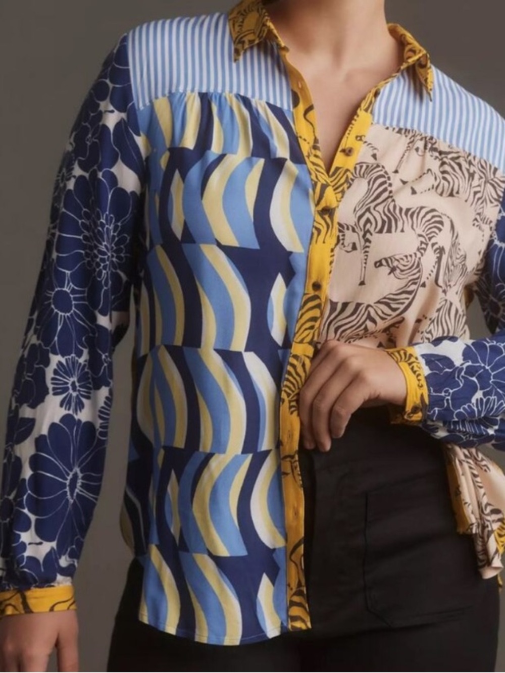 Maeve Anthropologie The Paz Button Down Patchwork Zebra Print Blue Yellow Shirt - Picture 2 of 10